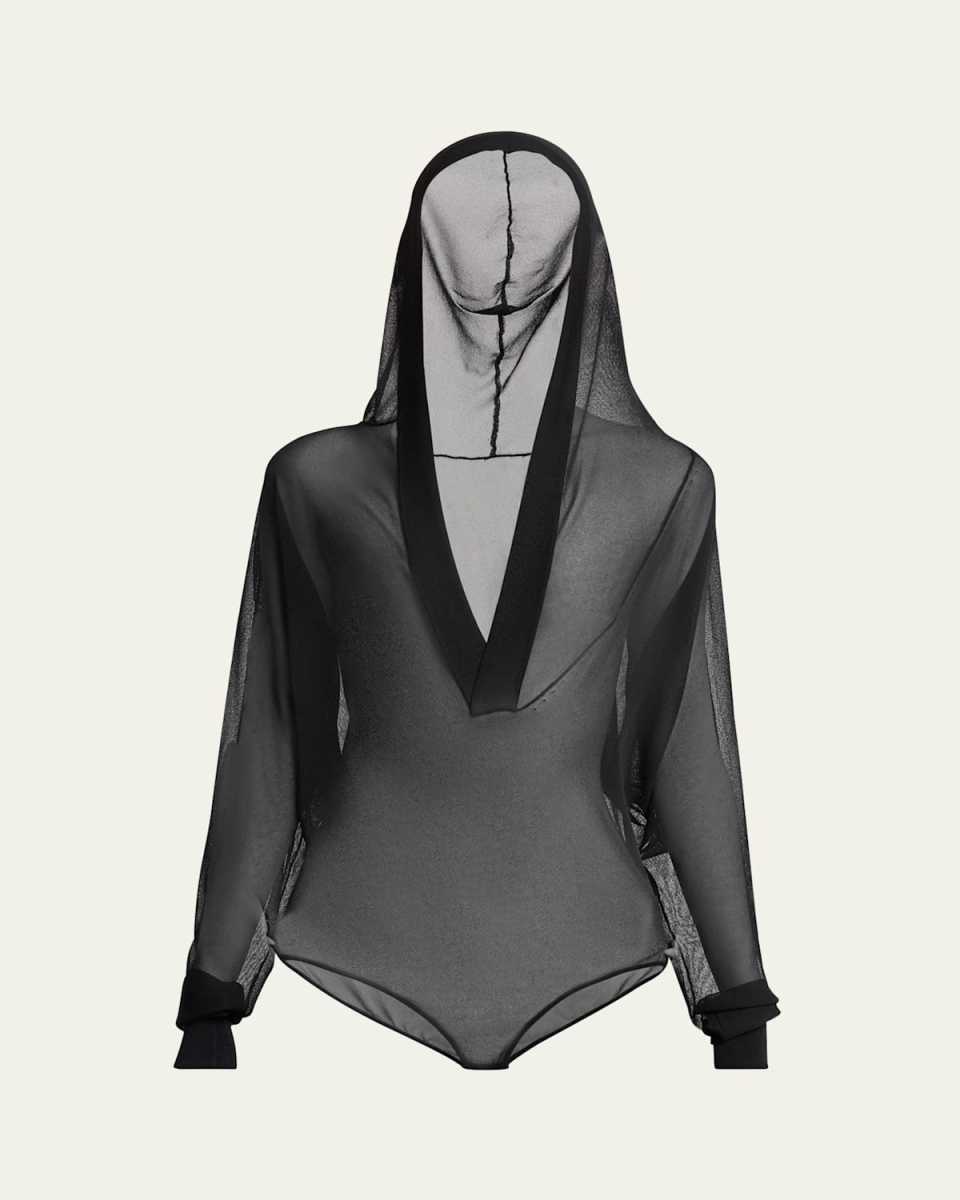 Sheer V-Neck Hooded Bodysuit